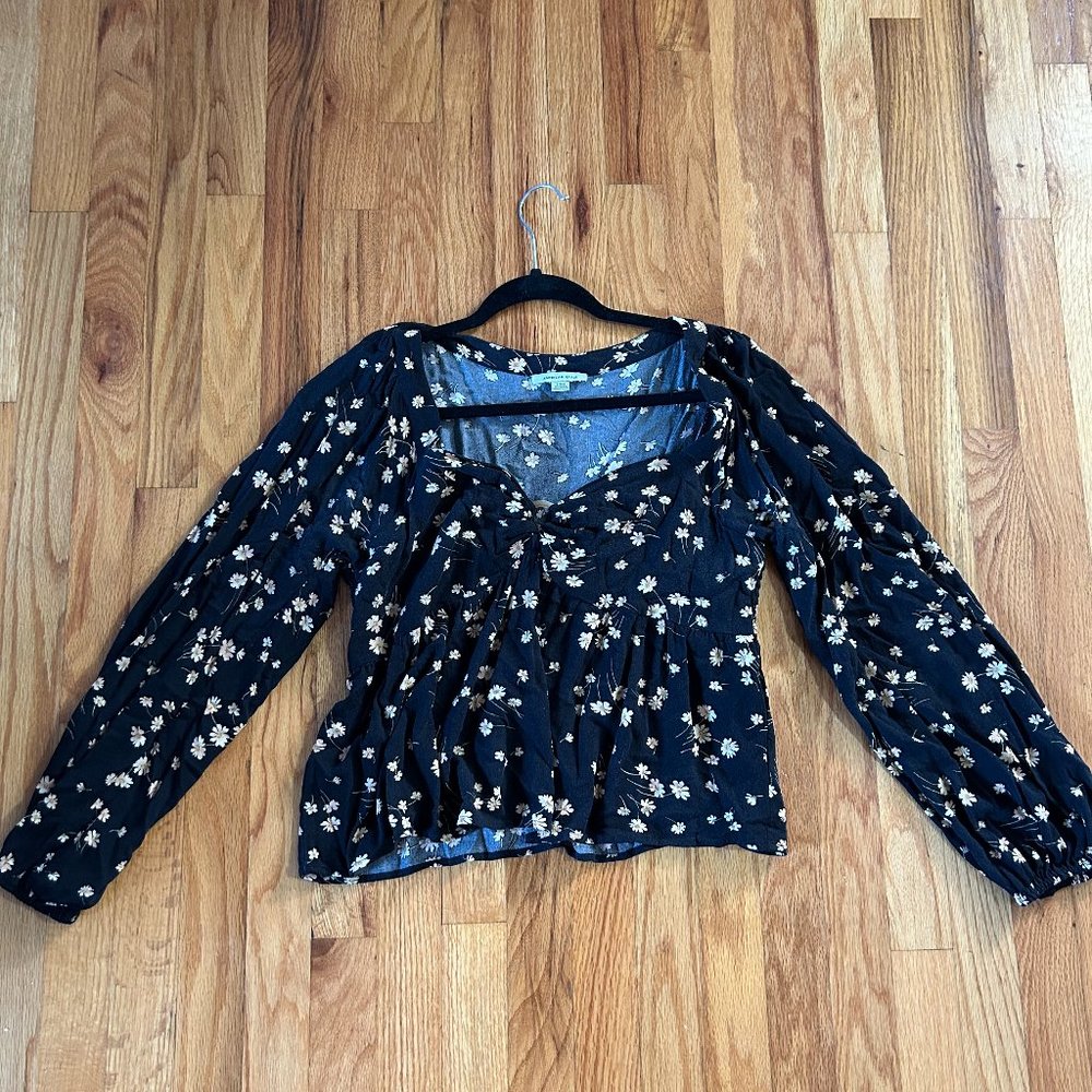 American Eagle Black Floral 70s Blouse
